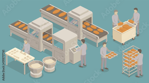 Isometric Bakery Factory Production Line with Workers and Machinery