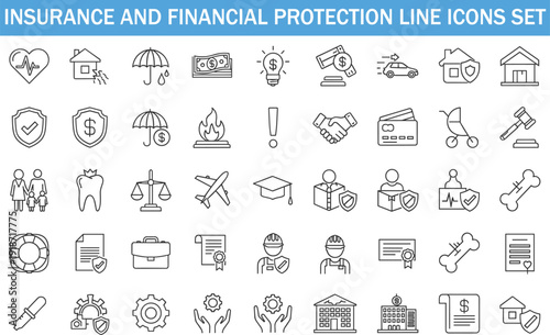 Insurance and financial protection line icons set, healthcare, property, banking, legal, safety, investment, coverage, vector illustration