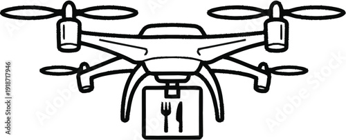 Drone carrying food delivery with fork and knife on a checkered transparent background