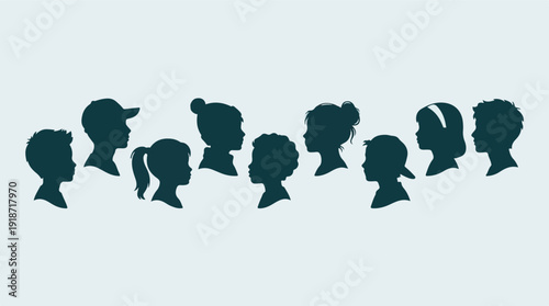 Silhouettes of diverse children's head profiles against a light background