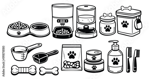Line art pet care items set featuring feeding and grooming supplies for pet owners