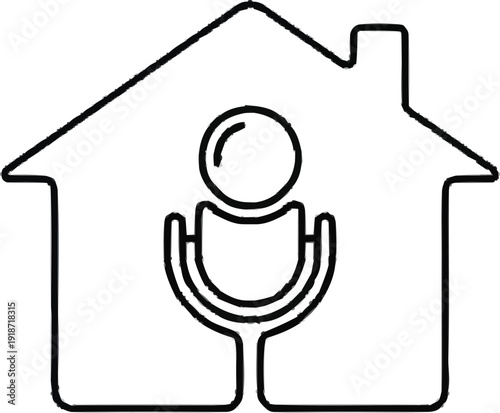 Black and white outline of house with microphone icon for podcasting at home or music studio recording broadcast sign