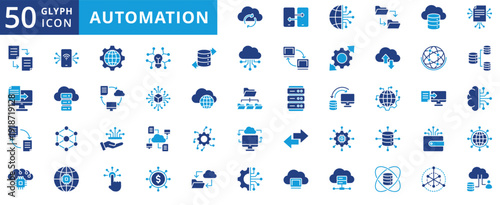 automation icon pack flat contains near communication, elastic computing, internet of things, automated reporting, digital ecosystem, content delivery, industry 4.0, ai technology adoption