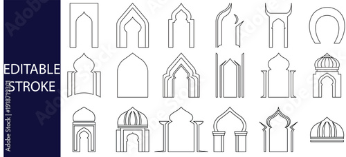 large collection set  shapes of oriental style window , mosque doors, mosque domes, islamic minar,  arches  icon .  Editable stroke vector illustration 