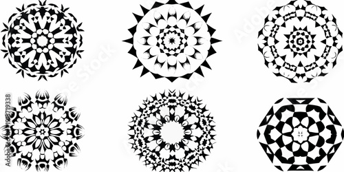 Intricate black and white geometric patterns arranged in a grid formation