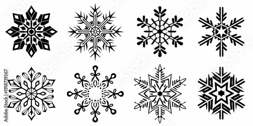 Collection of intricate black snowflake designs arranged in a grid pattern