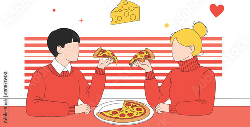Young couple in red sweaters sharing pepperoni pizza at a restaurant table with cheese and heart icons for dating and dining.