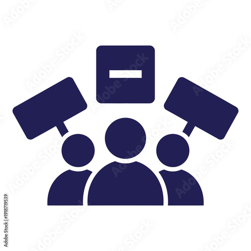 Three people holding signs and a minus symbol for subtraction or deletion concept icon