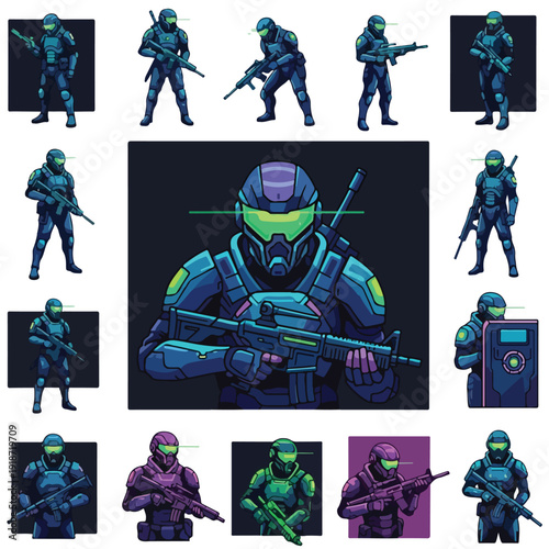 Futuristic Soldier Character Set with Various Poses.