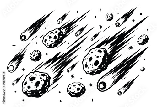 Line art celestial bodies set featuring falling meteors, asteroids, and comets for space exploration