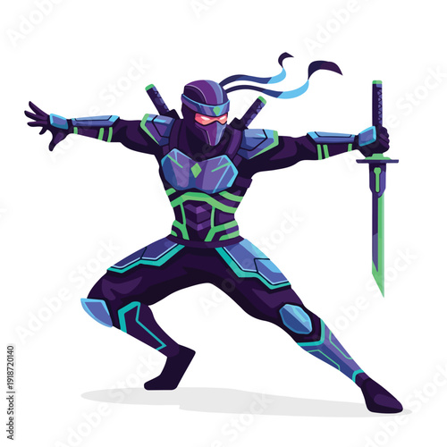 Futuristic Ninja Warrior with Swords Ready.