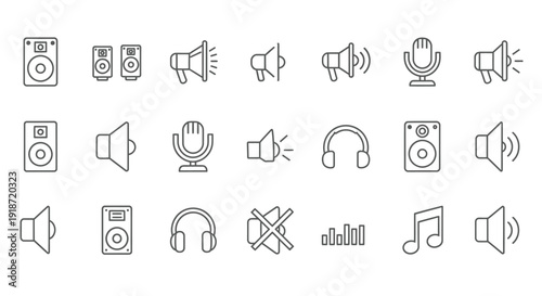 Collection of linear audio and music related icons in black and white