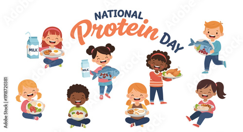 Illustration of children enjoying protein-rich foods on National Protein Day with a colorful and educational theme.