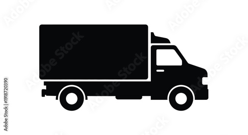 Simple black silhouette depicting a delivery truck viewed from the side