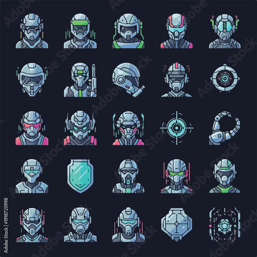 Futuristic Soldier Icons Set with Helmets and Shields.