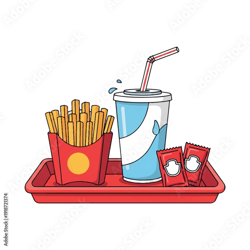 Cartoon-style fast food meal on a red tray including fries, a drink with a straw, and condiment packets against a clean white background.