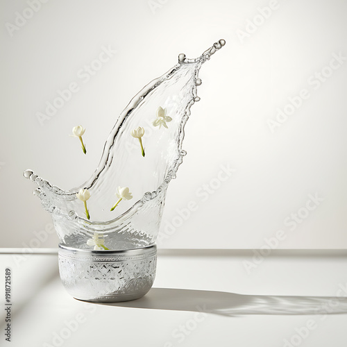 Luxury Songkran Water Splash with Silver Bowl and Jasmine on White Background