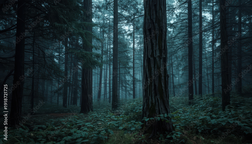 Fototapeta premium Deep forest towering tree trunk textured bark layered vegetation cool misty atmosphere