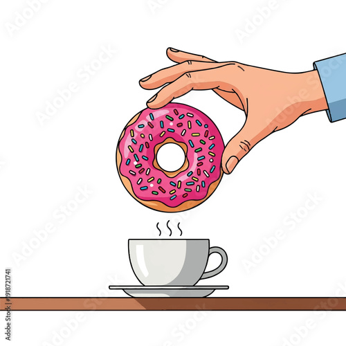 A hand holding a pink frosted donut with sprinkles over a steaming cup of coffee on a saucer on a brown surface against a white background.