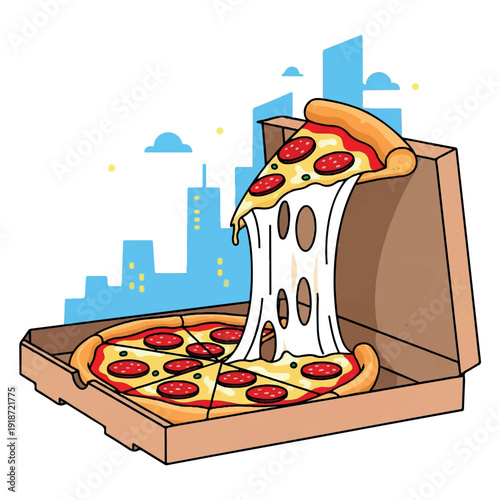 Cartoon illustration of a pepperoni pizza with melted cheese being pulled out of a cardboard box against a city skyline background.