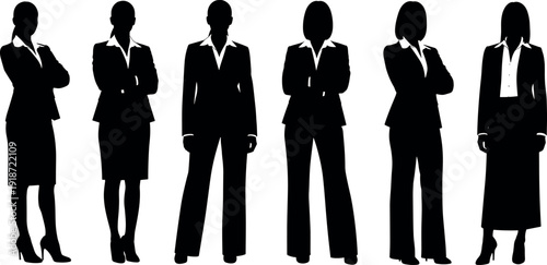 Group of six professional businesswomen silhouettes standing in various confident poses wearing formal office suits and skirts isolated on white background