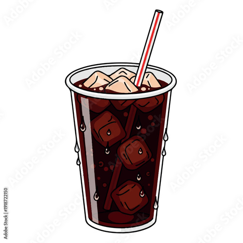Cartoon-style illustration of a cold soda cup with ice cubes and a straw on a white background.