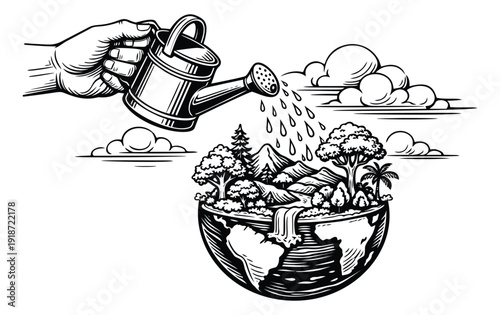 Hand drawn line art illustration of a hand watering a miniature earth depicting global environmental care for sustainability and nature protection