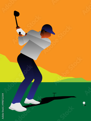 Minimalist vector illustration of a golfer in mid-swing on a green course during sunset.