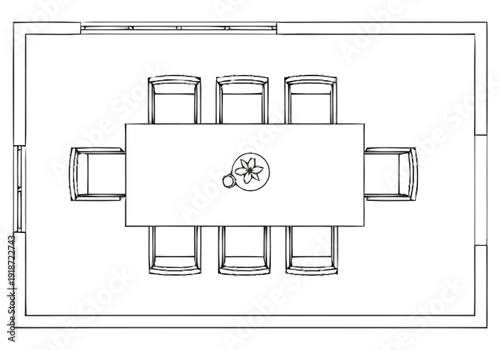 Overhead architectural drawing of a rectangular dining room layout featuring a long table surrounded by six chairs creating a modern open space plan