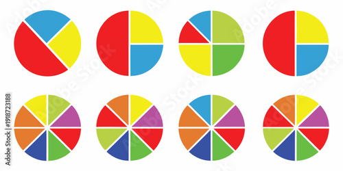 Colorful pie charts displaying various segmentations and color combinations