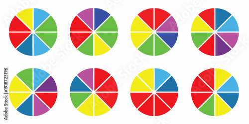 Colorful pie charts arranged in a grid pattern with segmented circles