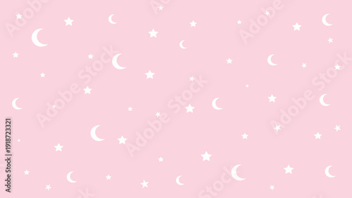 Cute Pink Night Sky Vector Background with White Moons and Stars for Baby Nursery and Dreamy Illustration