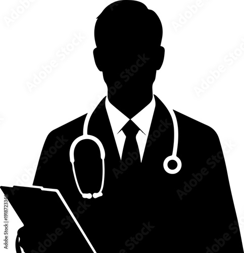 Black silhouette of a male doctor or medical professional wearing a stethoscope and holding a clipboard in a clinical setting with white background