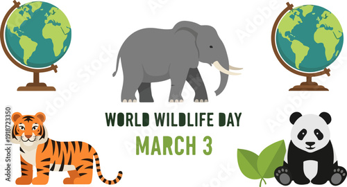 World wildlife day illustration with animals and globes on white background