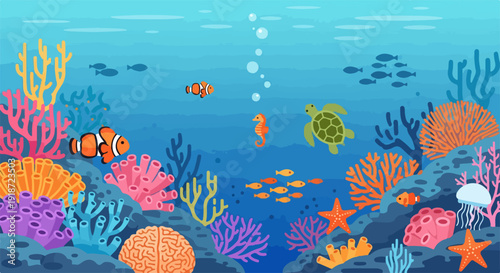 Vibrant underwater scene with clownfish sea turtles and colorful coral reef in bright ocean waters