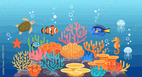 Vibrant underwater scene with diverse marine life colorful coral and tropical fish swimming together in harmony and beauty
