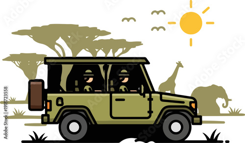 Safari adventure in african savannah with jeep and wildlife sunny day with trees and elephant