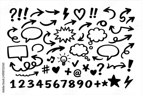 Versatile Hand-Drawn Doodle Design Elements Arrows, Speech Bubbles, Numbers, and Symbols