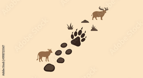 Trail of deer footprints leading to a buck and doe in a natural setting with grass and rocks on beige background