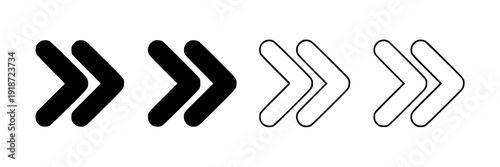 Arrows double greater than symbol set with black and outline styles, vector illustrations featuring symbols, icons, graphics with ui and navigation elements for direction, pointers projects, clean