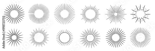 Sunbursts vintage style set with varying line lengths and densities, rays, explosion effects, abstract designs featuring graphics, illustrations, retro with classic and decorative elements for