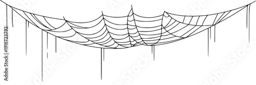 Spooky outline graphic of a large draped web with hanging threads and intricate patterns featuring Halloween, decoration, artistic with drawing and sketch elements for design, creepy projects, clean