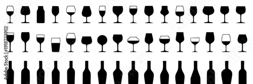 Glassware silhouette icon set with wine glasses, champagne flutes, beer goblets and bottle shapes in black vector pictograms for bar menu, alcohol app UI and signage
