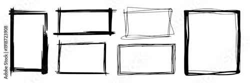 Rectangular frames hand drawn set with rough ink brush borders, sketchy rectangle labels and grunge outline boxes for notes, banners, posters, UI placeholders isolated