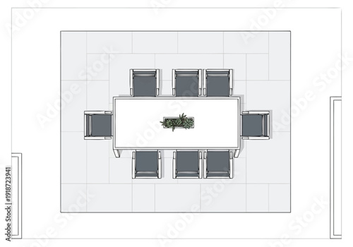 Modern Rectangular Dining Table Arrangement With Eight Upholstered Chairs Top Down View Featuring Minimalist Centerpiece on Clean Isolated Background