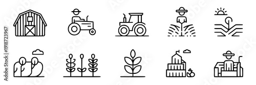 Farm icons collection showing barns, tractors, farmers, and crops with line art style featuring agriculture, vector, farming with rural and countryside elements for harvest, planting projects, clean