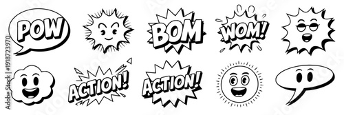 Speech bubbles comic book set with pop art explosion shapes, pow bom wom action lettering, cartoon faces and dialogue balloons in black outline vector