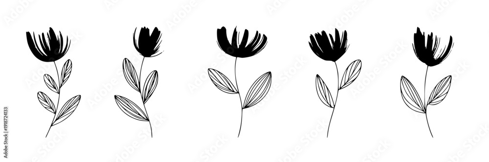 Fototapeta premium Flowers minimalist ink brush set with six black floral silhouettes and outlined leaves, modern botanical doodles for logo, branding, invitations, and wall art