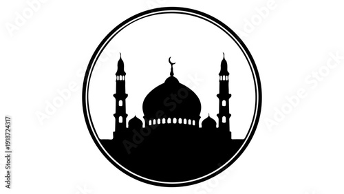 Black silhouette of a mosque with a central dome and two minarets, enclosed within a double circular frame on a white background.