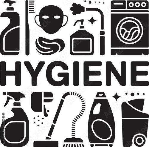 Hygiene products and cleaning tools icons with text